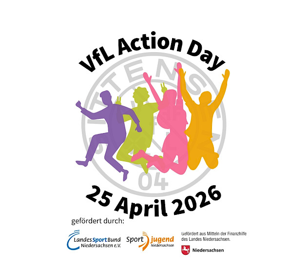 Das Logo des Action Days am 25.4.2026 mit dem VfL Logo und 4 gezeichnete Personen, die spingen Das Logo des Action Days am 25.4.2026 mit dem VfL Logo und 4 gezeichnete Personen, die spingen